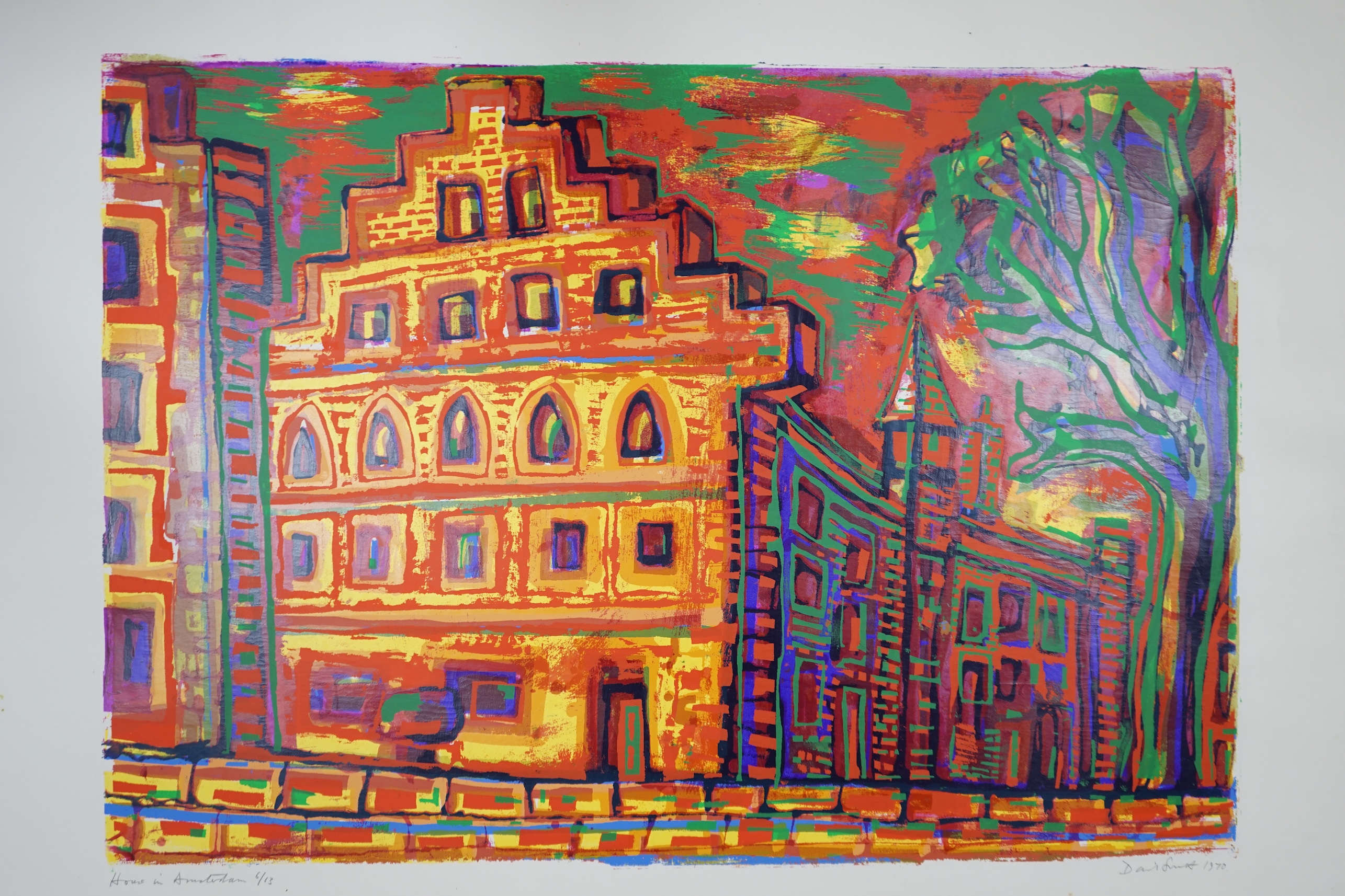 David Smith (British, 1930-1999), seven colour screenprints to include: 'House in Amsterdam', 'Tulip Fields, Holland' and 'Street Scenes', some signed in pencil and limited edition, largest 70 x 100cm, unframed. Conditio